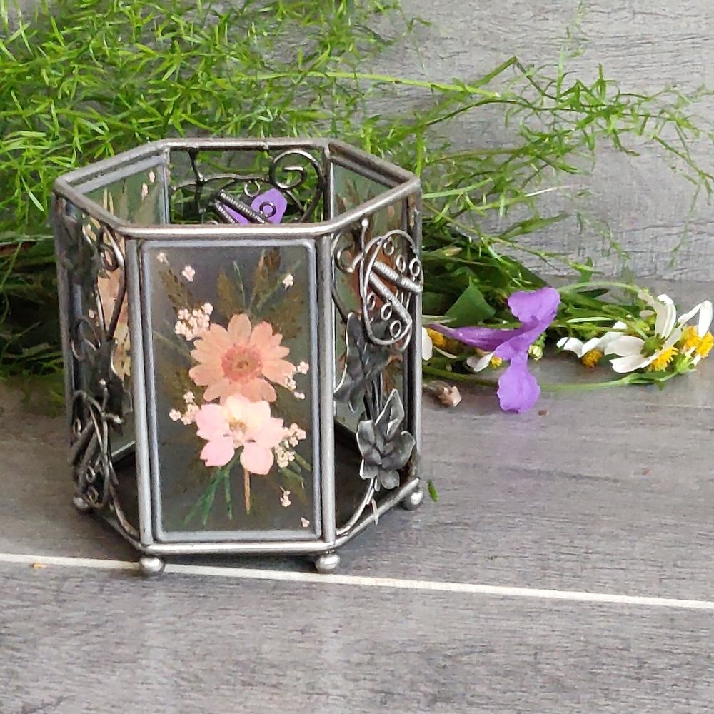 Vintage Pressed Dried Pink Flowers Ladybug Tea Light Votive Glass Candle Holder